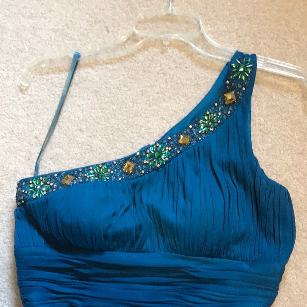 Xcape teal one shouldered prom dress